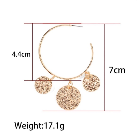 Gold 3/4 Hoops w/3 Dangling Discs Earrings - Picture 6 of 7